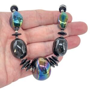 Vintage Sterling Silver 925 Iridescent Glass Beaded Necklace 31"